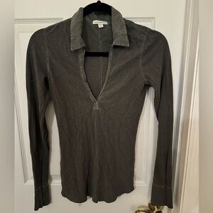 James Perse Knit long sleeve polo, w/cotton collar. Size 1. Olive green. NWOT.